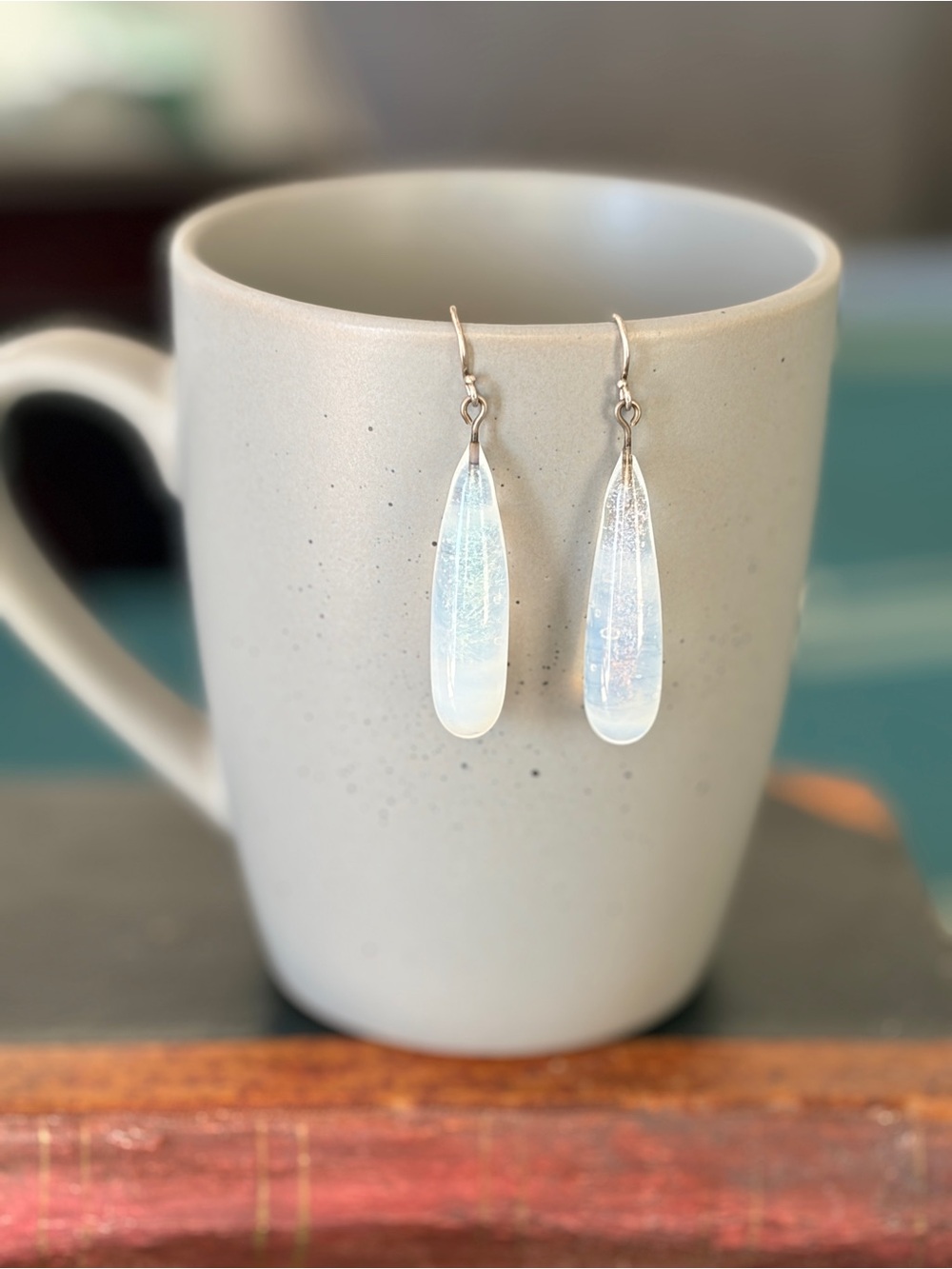 Handmade Glass Opalescent Teardrop Dangle Earrings - White